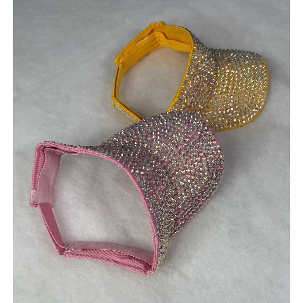 Women's Rhinestone Bling Sun Visor Hat Pink Yellow Sparkly Adjustable